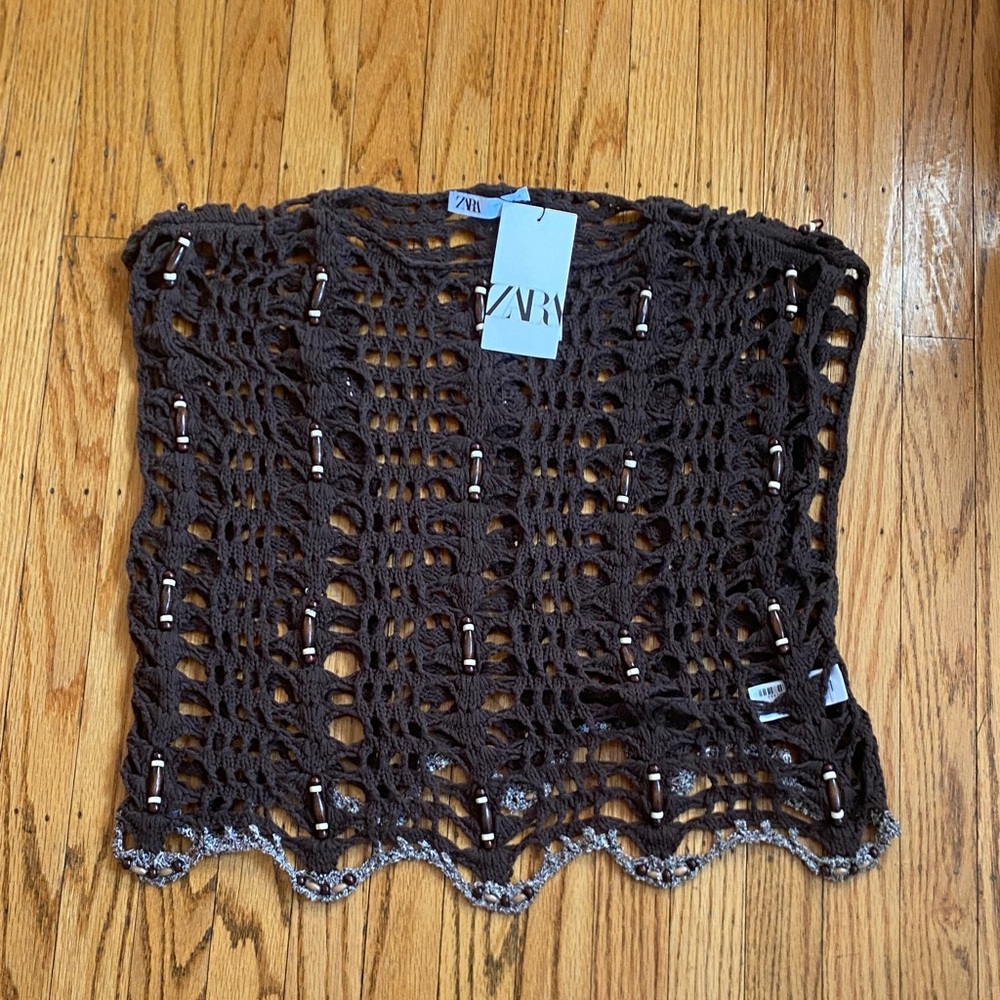 Zara Dark Brown Crochet Open-Knit Top with Bead Detail